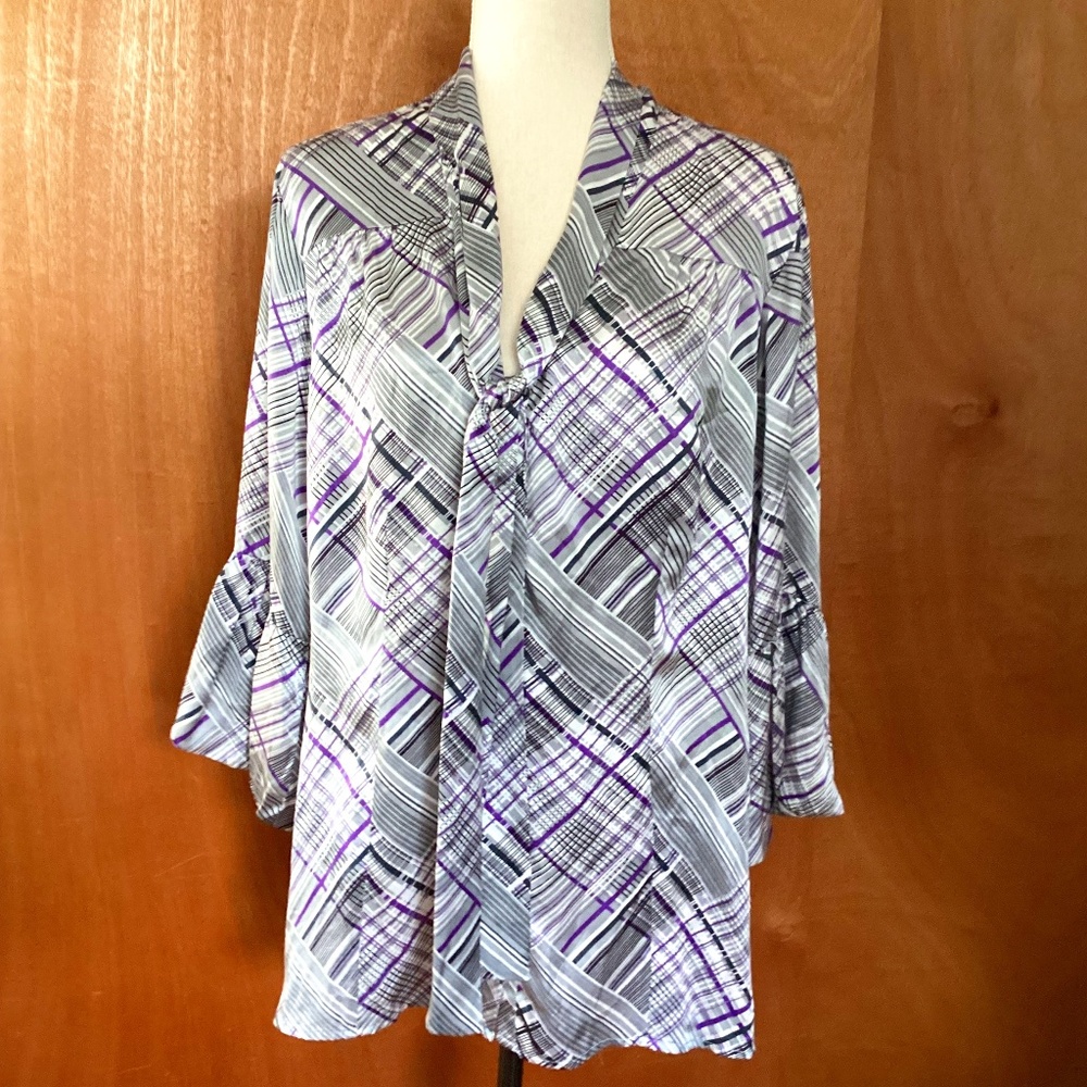 VTG SUNNY LEIGH PLUS 1X 100% SILK BLOUSE PURPLE SILVER GEOMETRIC PRINT CARRER